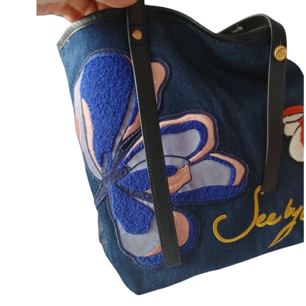 See By Chloe Denim Floral Embroidery Shoulder Tote Bag - Picture 12 of 16